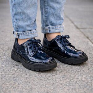 ZARA Kids Navy Patent Leather Lace-Up Platform Shoes Size 12 | Chunky Oxford Loa